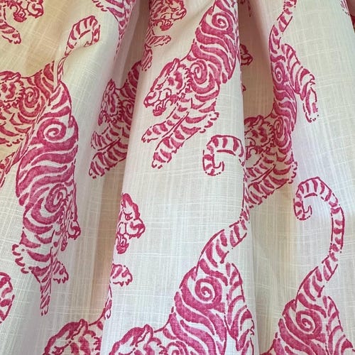 3 Colors: Kenway Tiger Motif Curtains in Pink, Blue or Green on White, Rod Pocket or Pinch Pleat, 1 Panel
