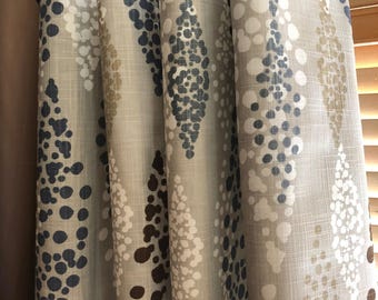 River Way Tan, Blues, Brown, White on French Grey Curtains