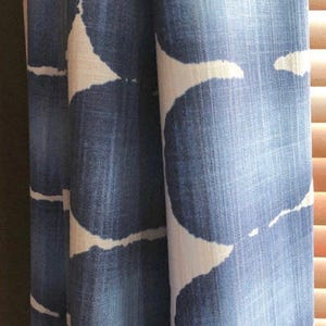 Curtain Panel, Shibori Dot Blue, Medium Weight Cotton Slub Linen Look, Lining Options Blackout or Cotton