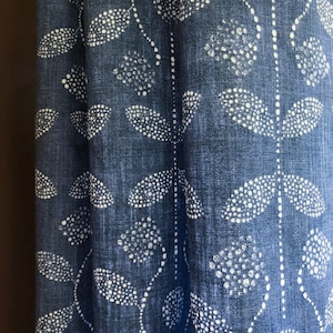 Curtain Panel, Boho Floral Italian Blue, Medium Weight Cotton Slub Linen Look, Lining Options Blackout or Cotton
