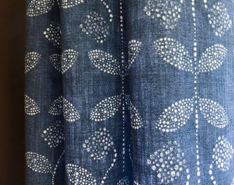 Curtain Panel, Boho Floral Italian Blue, Medium Weight Cotton Slub Linen Look, Lining Options Blackout or Cotton