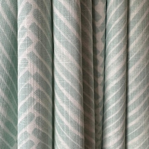 Curtain Panel, Griffen Snowy Blue Green, Medium Weight Cotton Slub Linen Look, Lining Options Blackout or Cotton