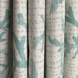 Curtain Panel, Naples Coral Reef Blue Haze, Medium Weight Cotton Slub Linen Look, Lining Options Blackout or Cotton