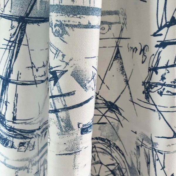 Curtain Schooner Nautical Blue White | Home Decor Cotton | Rod Pocket Or Pinch Pleat, 1 Panel