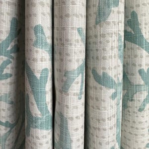 Curtain Panel, Naples Coral Reef Blue Haze, Medium Weight Cotton Slub Linen Look, Lining Options Blackout or Cotton