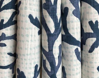 Coral Reef Naples Italian Blue Off White Curtain Panels, Rod Pocket or Pinch Pleat, 1 Panel