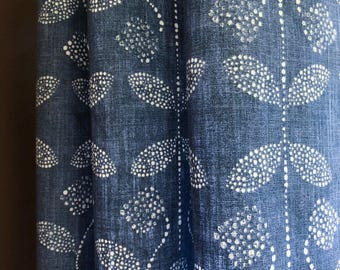 Pair of Curtains, Boho Floral Italian Blue, Medium Weight Cotton Slub Linen Look, Blackout or Cotton Lining Options
