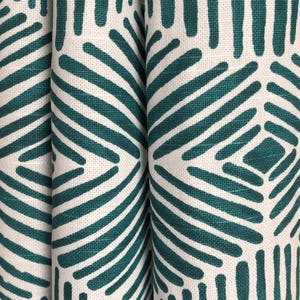 Curtain Panel, Heni Teal Blue Green White, Medium Weight Cotton Slub Linen Look, Lining Options Blackout or Cotton