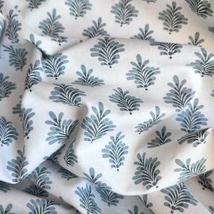 Curtain Panel, Dyann Block Print Shy Blue, Lighter Weight Cotton, Lining Options Blackout or Cotton