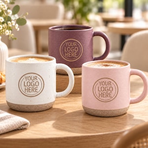 Może przedstawiać: Trzy ceramiczne kubki w kolorze białym, fioletowym i różowym, każdy z nakrapianym wykończeniem i podstawą w naturalnym odcieniu. Każdy kubek ma nadruk YOUR LOGO HERE w okrągłym emblemacie z przodu i zawiera gorący napój z pianką.