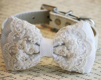 White lace bow tie dog collar girl collar, M to XXL Collar, Dog lover ring bearer, Handmade adjustable collar, Wedding dog collar