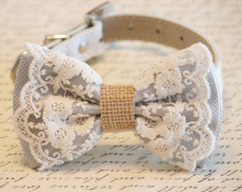 Gray Dog Bow Tie Collar, Lace and Burlap, Country Rustic, Pet wedding , Wedding dog collar