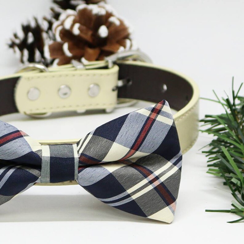 Plaid Navy Bow Tie Dog Collar Blue Black Gray Brown Ivory Etsy