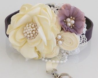 Dusty purple lavender Ivory Flower dog collar, Pet wedding accessory, Dog ring bearer, purple Wedding Proposal dog collar, M XXL collar