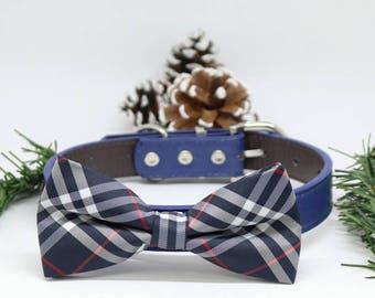 Navy plaid noeud papillon collier pour chien, bleu, noir, gris, marron, ivoire, aqua, bleu royal, blanc, marine collier pour chien en cuir, nœud papillon marine collier pour chien