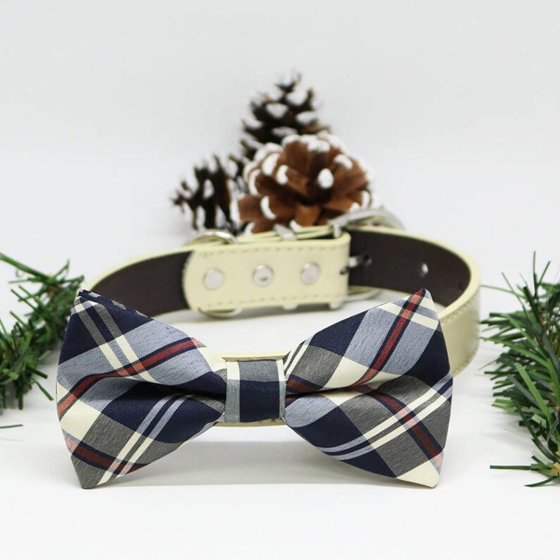 Plaid Navy Bow Tie Dog Collar Blue Black Gray Brown Ivory Etsy