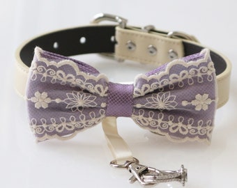Dusty lavender bow tie collar, proposal Dog ring bearer adjustable XS XXL collar, Purple lilac lavender lace county rustic Wedding gift