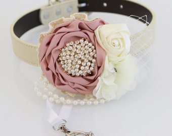Dusty pink Pearl beaded Flower dog collar, Dog ring bearer proposal XS XXL collar,  dog lover gift, handmade elegant country wedding
