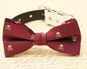 Burgundy dog bow tie, Skull bow tie, bow attached to dog collar, Halloween accessory, Skull, dog lovers,Marsala, Dog collar, Skull bow tie