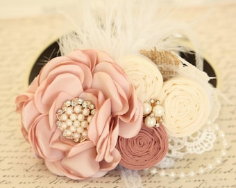 Pearl blush Rhinestone flower attach to Pink, Ivory, White, black, brown, copper or Champagne leather collar, Blush beaded flower collar