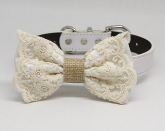 White lace bow tie collar, handmade dog collar, Leather dog collar, Dog lover gift, Lace bow tie, Girl dog collar, wedding accessory