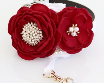 Red Pearl beaded Flower dog collar, Dog lover  ring bearer proposal XS XXL collar handmade High quality wedding gift Proposal Christmas