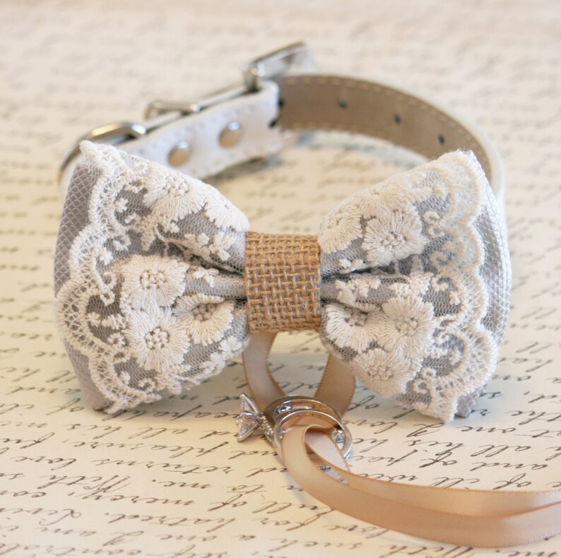 Dog Collar Gray Lace Burlap Bow Tie Collar Dog Ring Bearer Etsy
