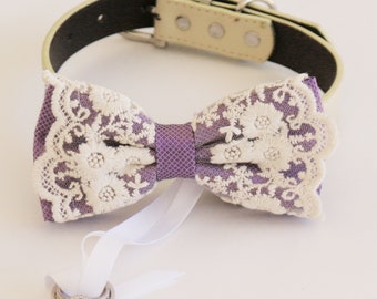 Dusty lavender bow tie collar Leather collar Dog lover ring bearer adjustable handmade M to XXL collar bow, Proposal , Wedding dog collar