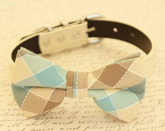 Ivory Plaid Dog Bow tie collar, Dog birthday gift, Pet wedding accessory, Ivory Blue Bow, Dog Collar, Dog Lovers , Wedding dog collar