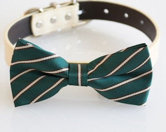 Dark emerald green bow tie Dog Collar, Wedding handmade dog lover gift, leather adjustable dog collar, M to XXL dog collar, high quality