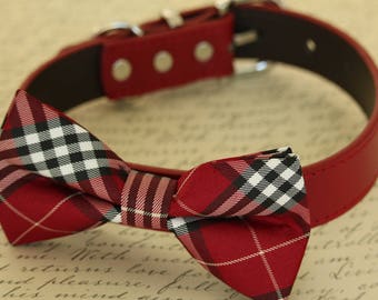 Dog Bow Tie collar, Black Gray Brown Ivory Champagne Copper Gold or Red Leather dog collar, Plaid bow tie collar adjustable collar