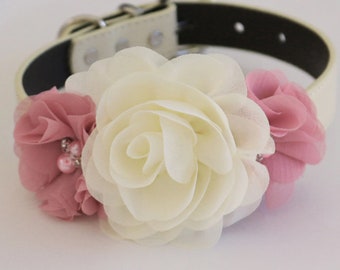 Dusty rose Ivory Flower dog collar, Dog ring bearer proposal collar, puppy flower XS to XXL collar, dusty pink wedding accessory