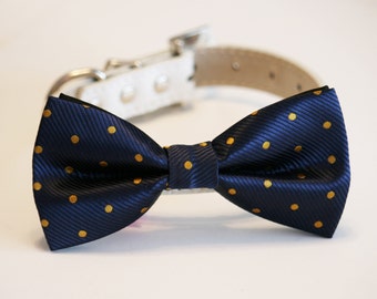 Navy Gold Dog Bow Tie collar, Polka dots, Pet wedding accessory , Wedding dog collar