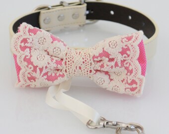 Hot pink bow tie collar, proposal Dog ring bearer adjustable M to XXL collar, Handmade lace county rustic Wedding, Pink dog lover gift