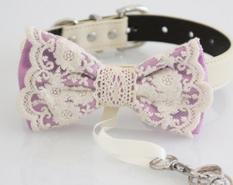 Lavender bow tie collar, proposal Dog ring bearer adjustable M XXL collar,  lace county rustic elegance Purple lavender Wedding, dog lover