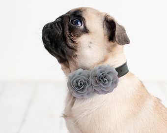 Gray Flower dog collar, Handmade flower leather collar, Dog lover proposal XS to XXL collar, Puppy Girl flower collar