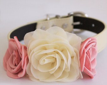 Handmade Ivory dusty pink Flower dog collar, b rose flower, adjustable leather collar, Dog lover proposal XS to XXL collar, Puppy  collar