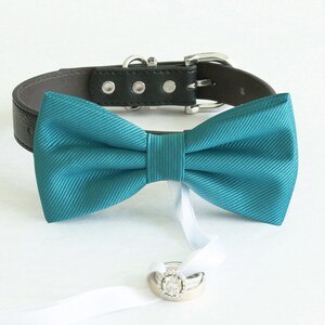 Teal blue bow tie collar Leather collar Dog lover ring bearer adjustable handmade XS to XXL collar bow, Puppy, Proposal, Teal wedding