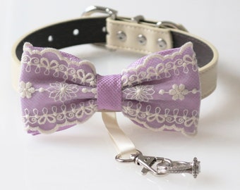 Lavender bow tie collar, proposal Dog ring bearer adjustable XS to XXL collar, Purple lavender lace county rustic Wedding, dog lover gift