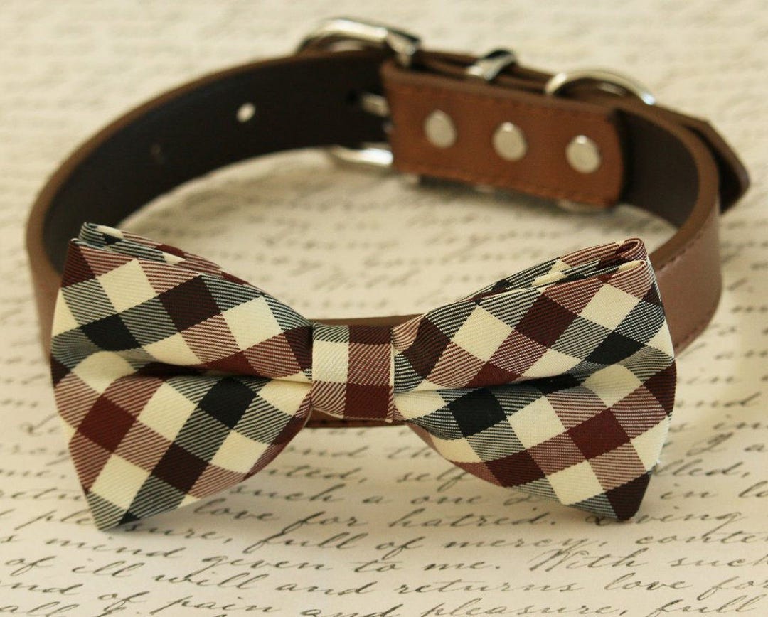 Plaid Dog Bow Tie Collar Black Brown and Ivory Pet Wedding Etsy