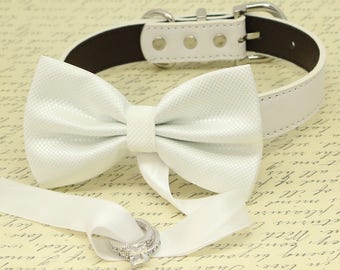 Dog collar, White Dog Bow Tie, Dog ring bearer, Pet Wedding accessory, Pet lovers, White bow attached to White dog collar