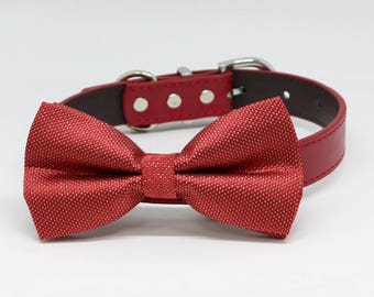 Red bow tie Dog Collar, Wedding handmade gift, leather adjustable dog collar, M to XXL dog collar, dog lover gift