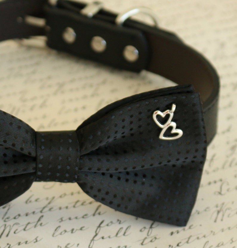 Black Dog Bow Tie Bow Attached to Dog Collar Heart Charm Etsy