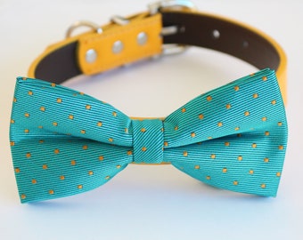 Teal blue orange bow tie collar XS to XXL collar and bow tie, adjustable Puppy boy collar, high quality teal blue orange polka dots bow tie