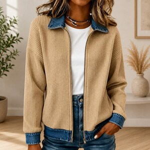 Women's Beige Ribbed Knit Denim Patchwork Jacket, Zip Up Casual Lightweight Coat, Vintage Streetwear