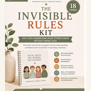 Può includere: Il kit "The Invisible Rules" è una risorsa digitale di 18 pagine per le famiglie. La copertina presenta il testo "Social skills are learned, not assumed" sopra un'illustrazione di quattro bambini e strumenti visivi di supporto.