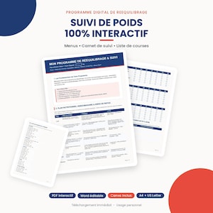 Peut inclure: Un programme digital de rééquilibrage alimentaire avec des pages PDF interactives, un planificateur de repas, un carnet de suivi et une liste de courses. Le document affiche le titre Suivi de Poids 100% Interactif et Mon Programme de Rééquilibrage.