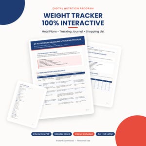 Może przedstawiać: Cyfrowy program żywieniowy zawierający tracker wagi, plany posiłków, dziennik śledzenia postępów i listę zakupów. Dokument zawiera sekcje dotyczące równowagi żywieniowej oraz cotygodniowe pomysły na posiłki w białym układzie.