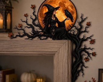Witch Raven Moon Halloween Corner Sign, Gothic Witch Door Decor, Crow Wall Accent, Spooky Tree Corner Decor, Witchy Fall Home Decoration