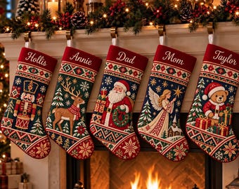 Personalized Brocade Christmas Stocking, Custom Name Nutcracker Santa Reindeer Angel Teddy Bear, Tapestry Holiday Mantel Decor, Xmas Gift